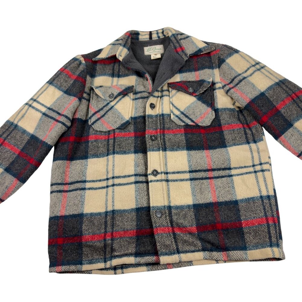Vintage 60s 70s LL Bean Cursive Tag Wool Shirt Jacket Size L Fleece Lined Plaid